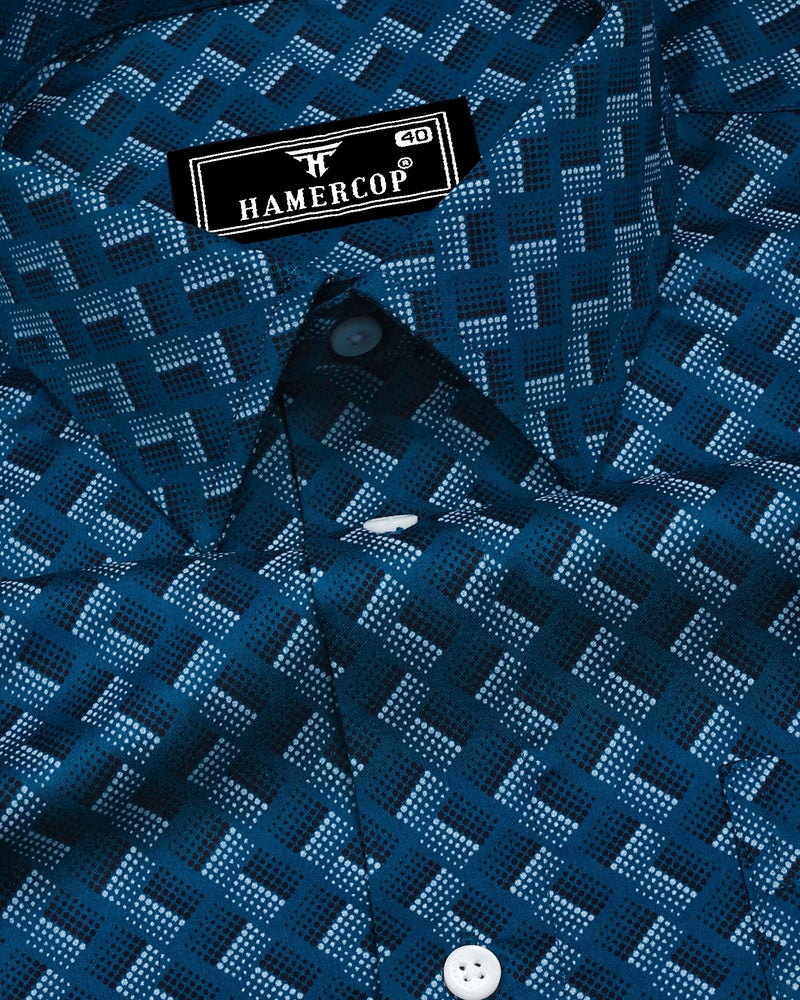 French Blue With White And Black Printed Premium Cotton Shirt