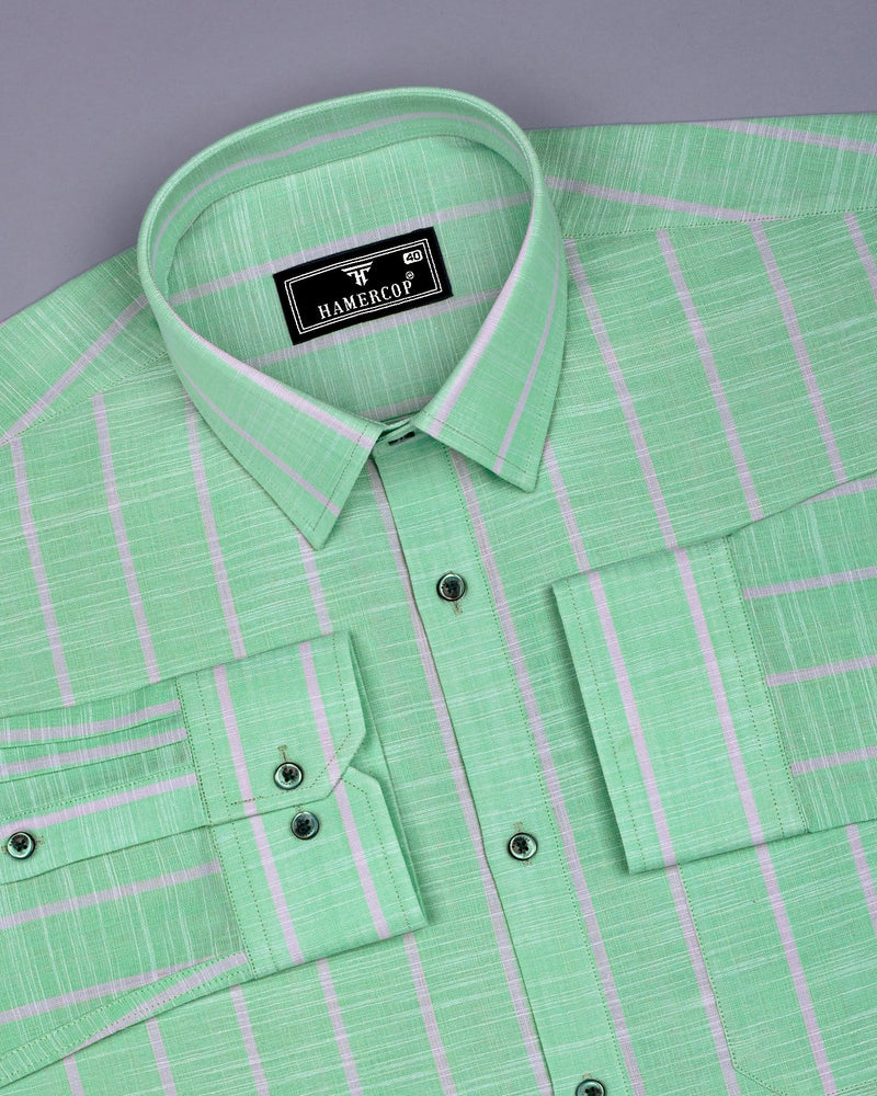 Mint Green With White Stripe Linen Cotton Shirt