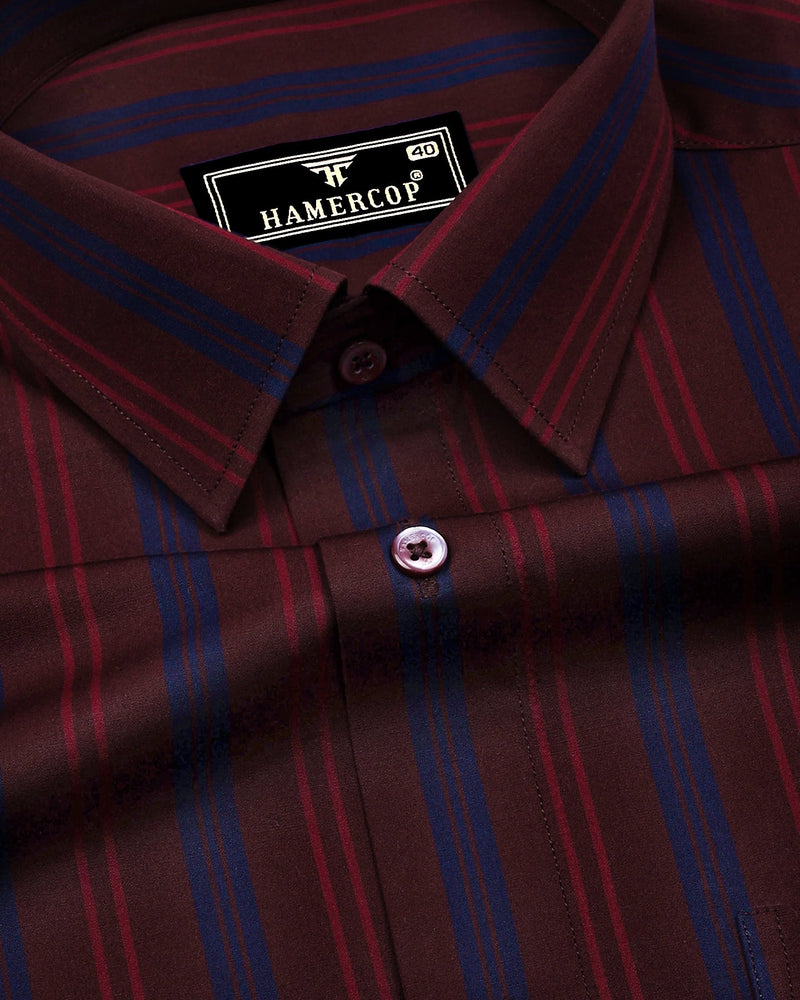 Obzor Maroon With Blue Stripe Cotton Shirt