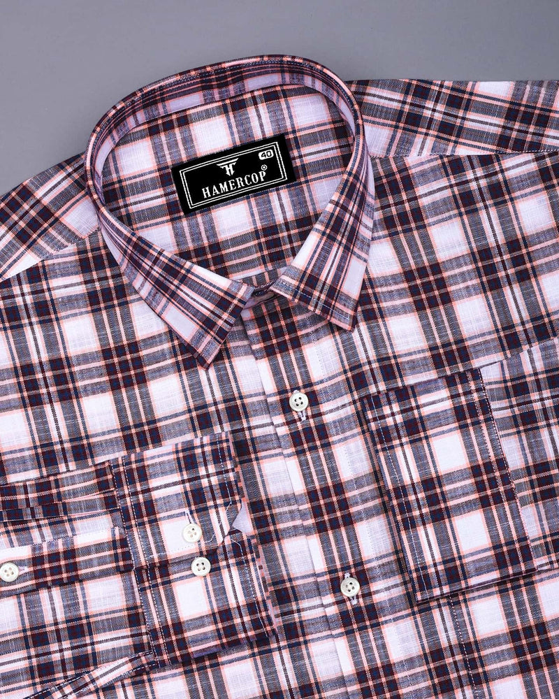 Forio Maroon With Pink Check Linen Cotton Shirt