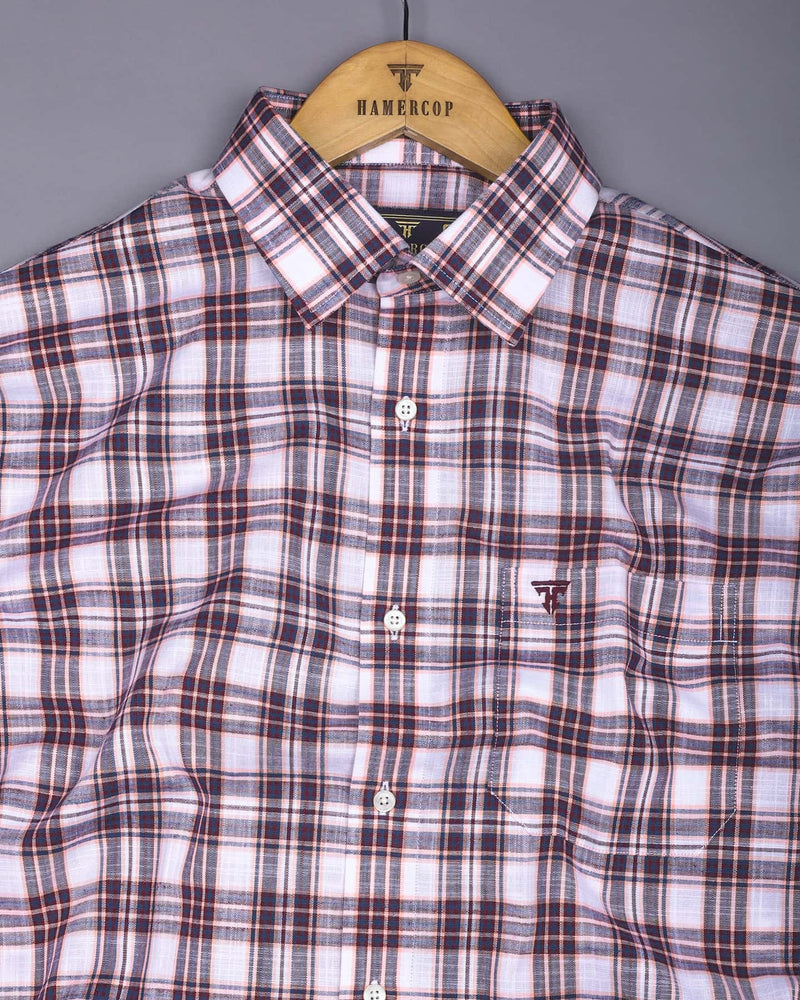 Forio Maroon With Pink Check Linen Cotton Shirt