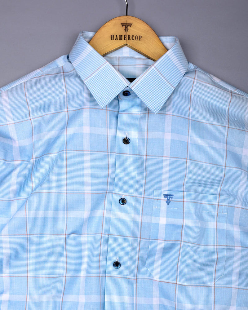 Nordic SkyBlue With White Check Formal Cotton Shirt