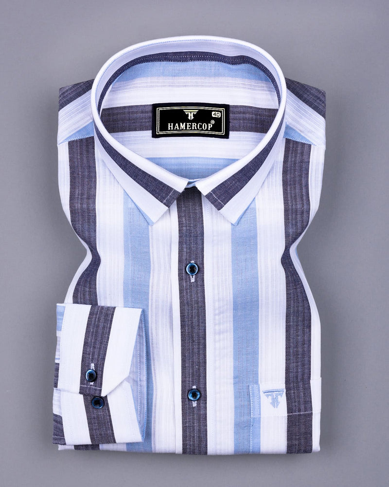 Tarpon Blue With White Broad Stripe Linen Cotton Shirt