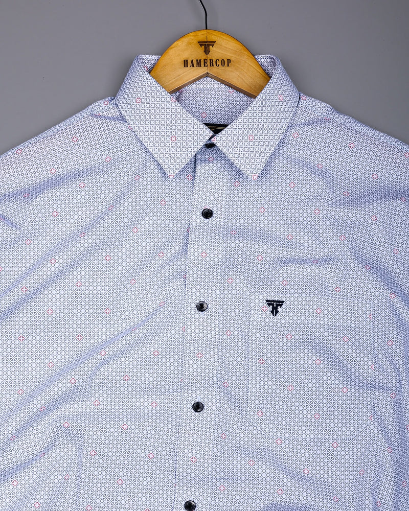 Tongren Blue With White Printed Cotton Shirt