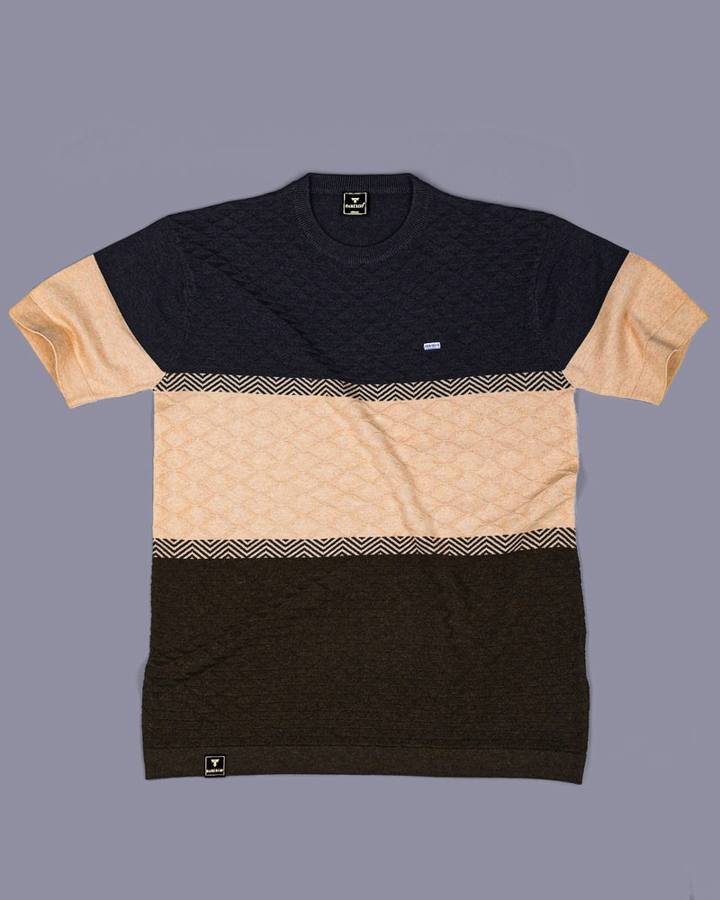 Gray With Cream And Green Knitted Cotton Designer T-Shirt