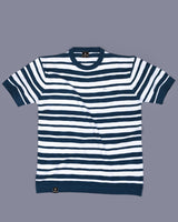 Aura Peacock Blue Stripe Knitted Cotton T-Shirt