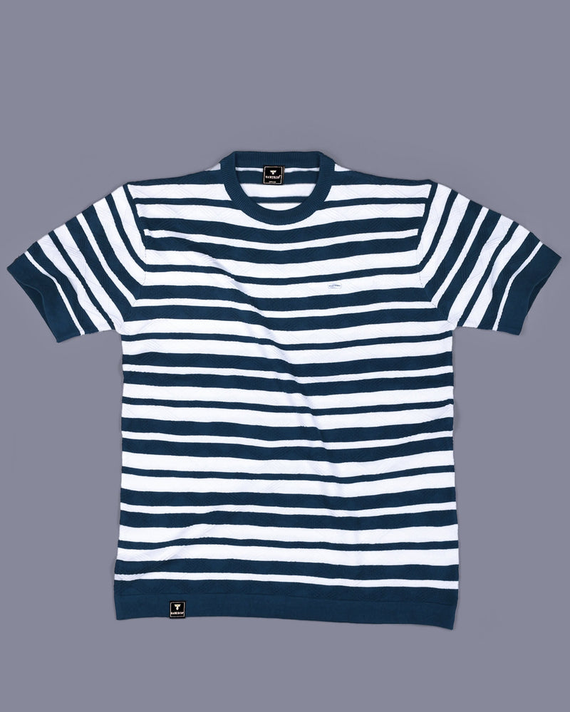Aura Peacock Blue Stripe Knitted Cotton T-Shirt