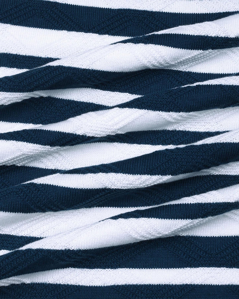 Aura Peacock Blue Stripe Knitted Cotton T-Shirt