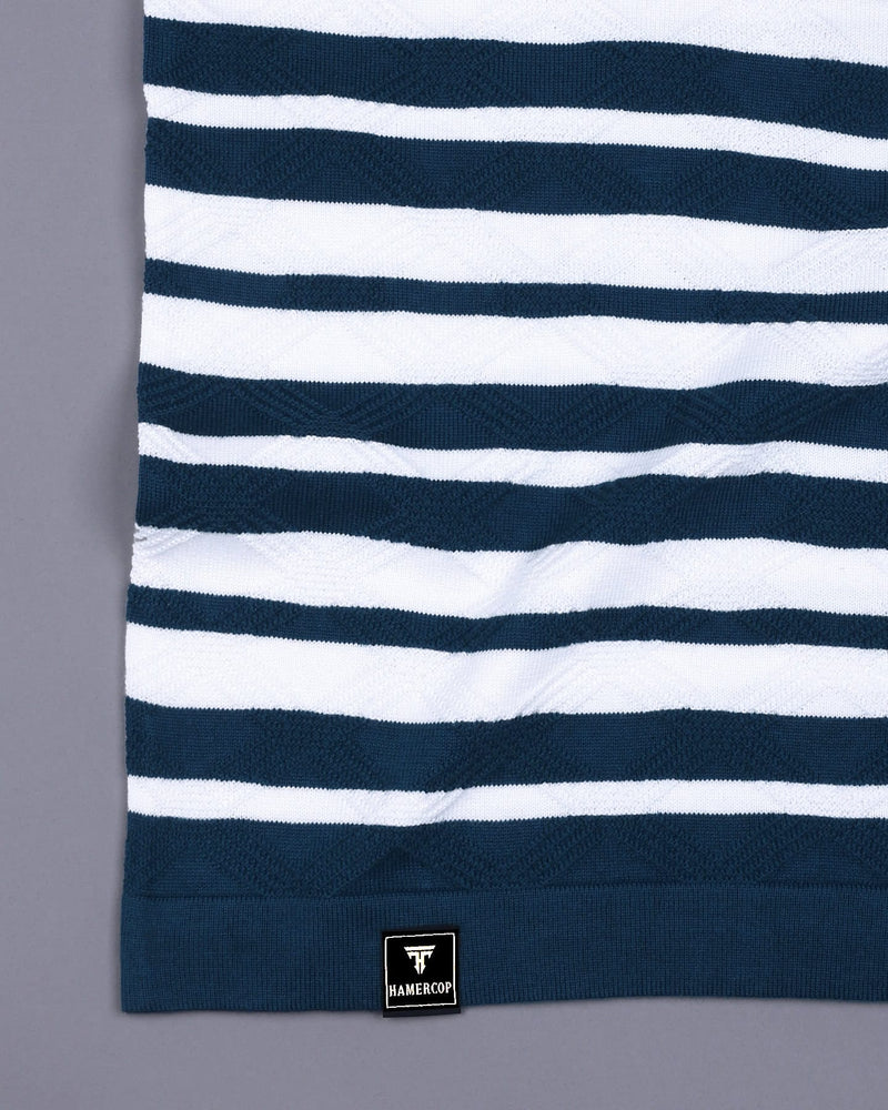 Aura Peacock Blue Stripe Knitted Cotton T-Shirt