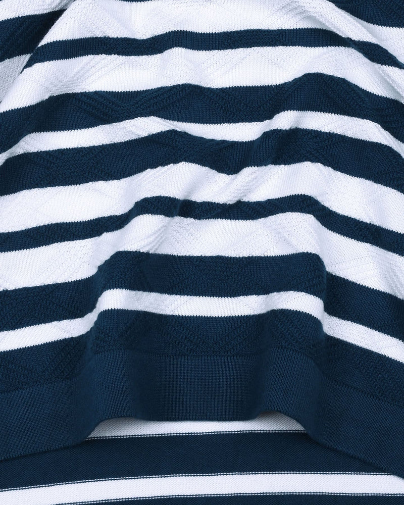 Aura Peacock Blue Stripe Knitted Cotton T-Shirt