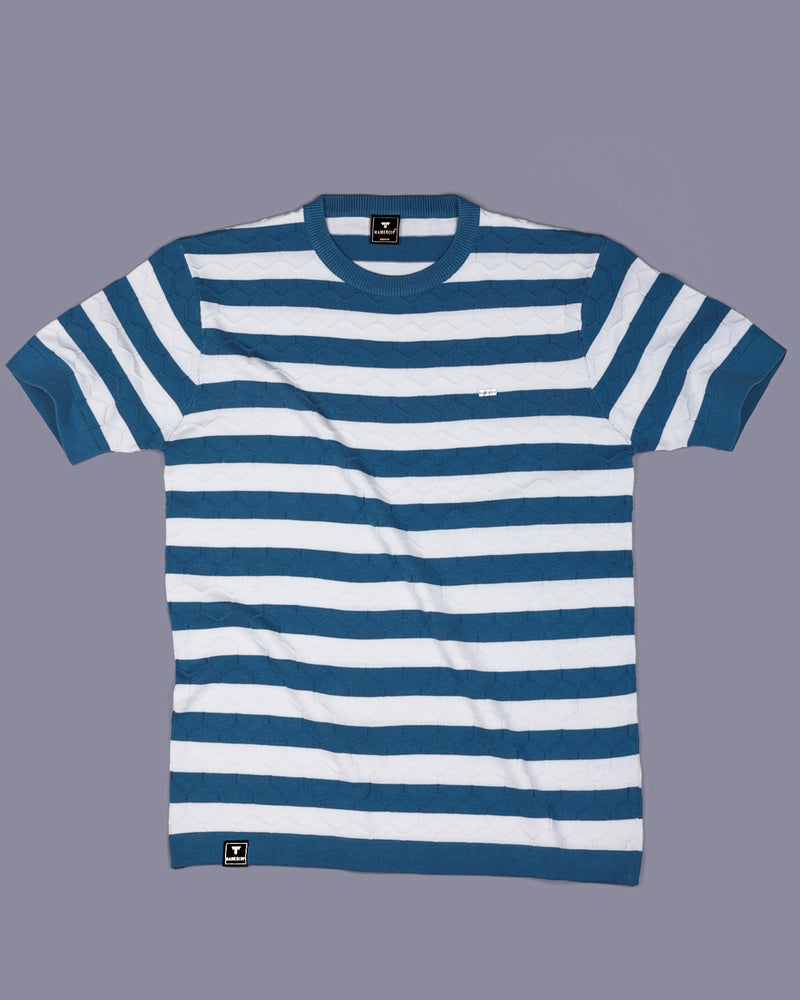 Steel Blue Hexagon Pattern Knitted Cotton T-Shirt