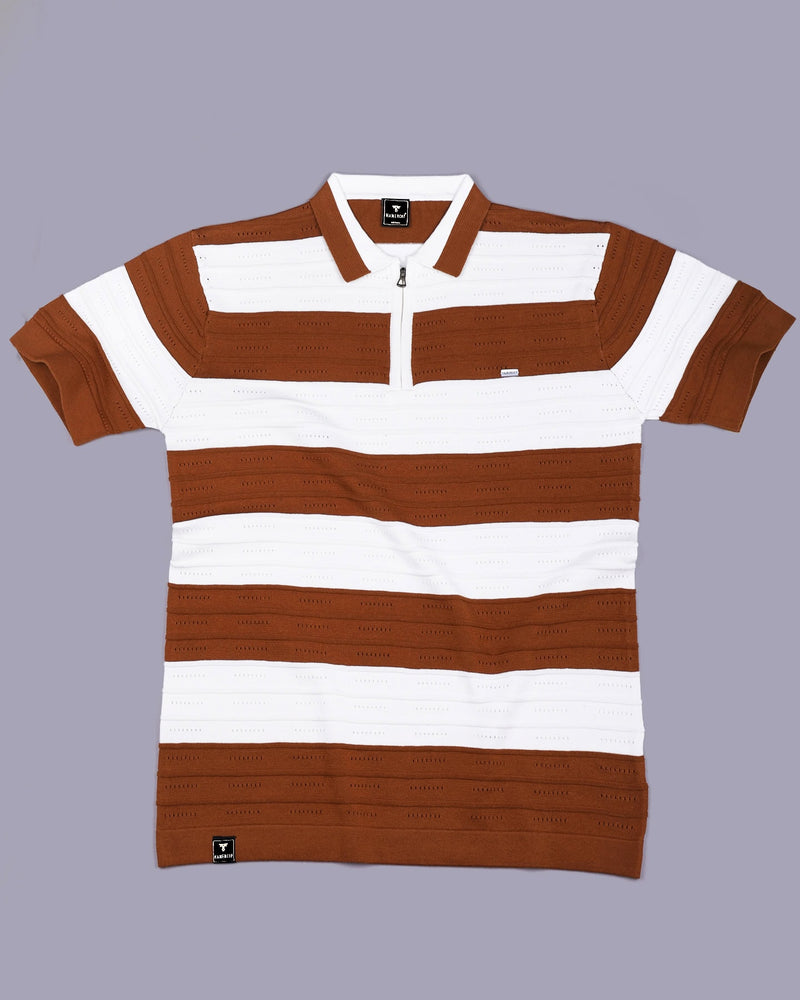 Eclair Brown Knitted Cotton Zipper Polo T-Shirt