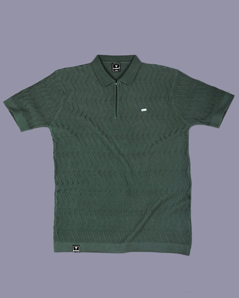 Eclipse Green Knitted Cotton Zipper Polo T-Shirt