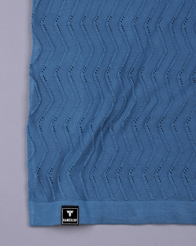 Eclipse Blue Knitted Cotton Zipper Polo T-Shirt