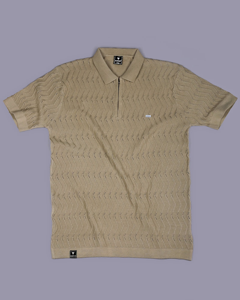 Eclipse Cream Knitted Cotton Zipper Polo T-Shirt