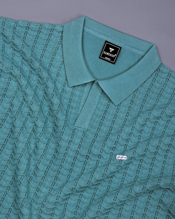 Ozone Teal Green Knitted Cotton Polo T-Shirt