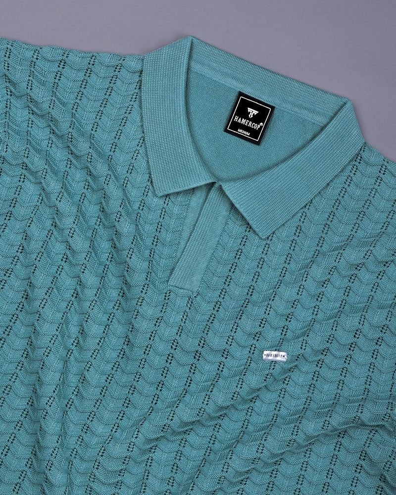 Ozone Teal Green Knitted Cotton Polo T-Shirt