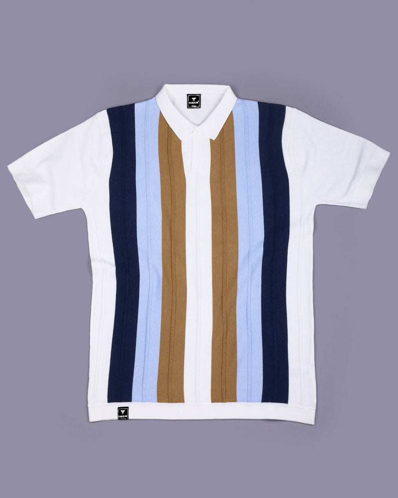 Blue With White Candy Stripe Knitted Cotton Polo T-Shirt