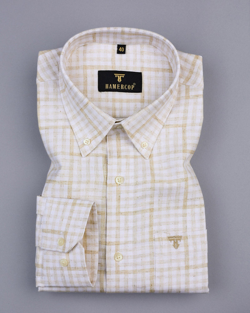 Waffle Cream With White Dobby Twill Check Cotton Shirt