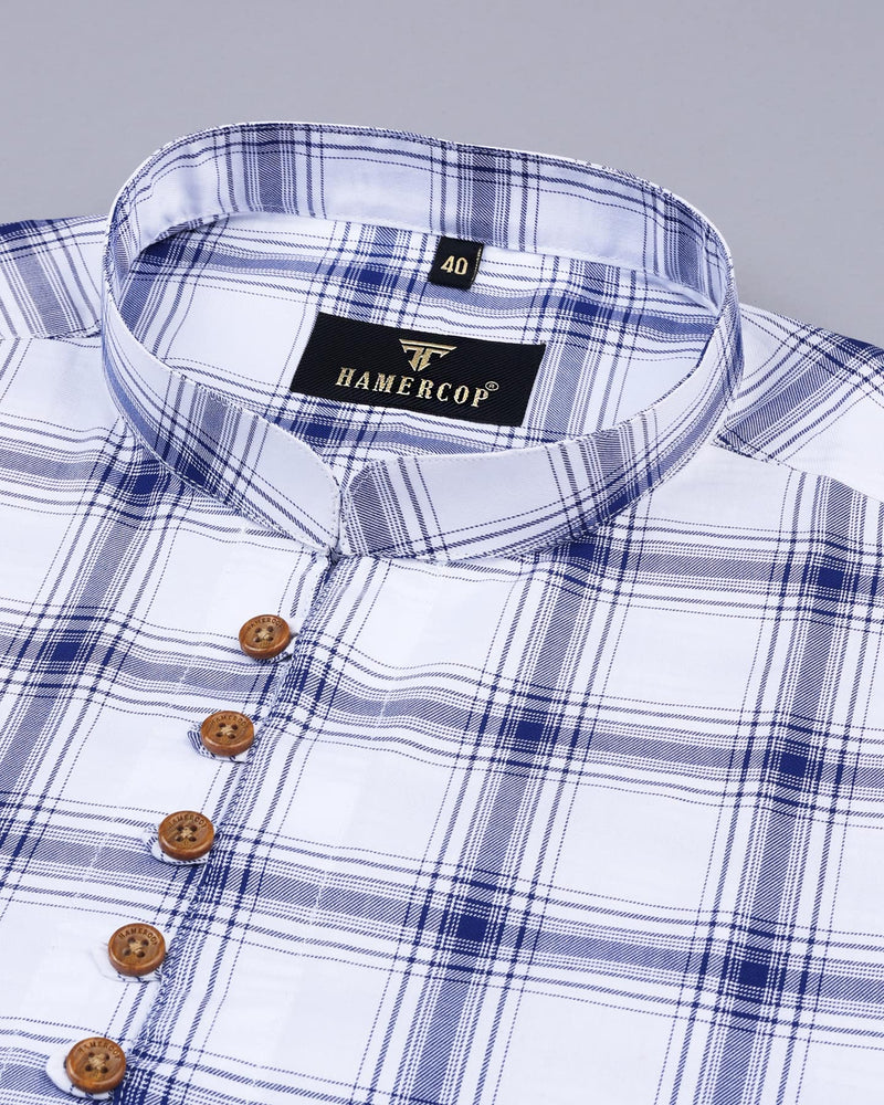 Sparko White With Blue Twill Check Cotton Shirt Style Kurta